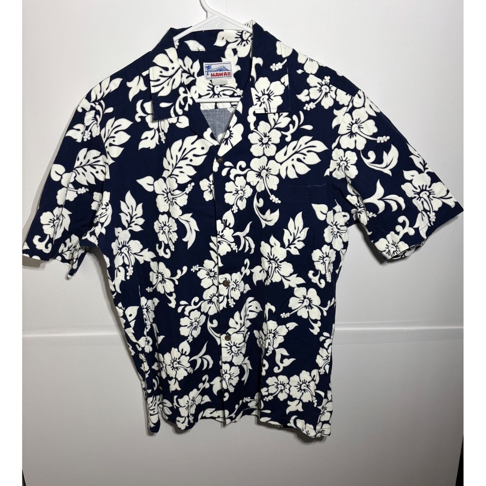 Hawaii Navy Blue White Hibiscus Floral Cotton Aloha Shirt Mens Large Made in USA